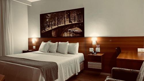 a hotel room with a bed and a painting on the wall at Hotel Amsterdam Montes Claros in Montes Claros