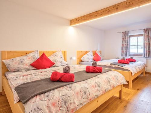 two beds in a bedroom with red pillows at Kraftplatz am Litzlhof in Itter