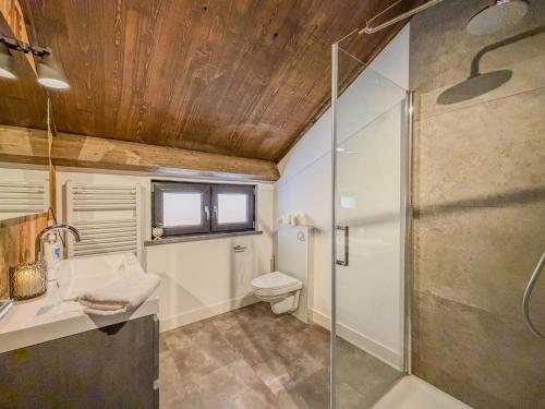 a bathroom with a toilet and a glass shower at Berg und See in Afritz