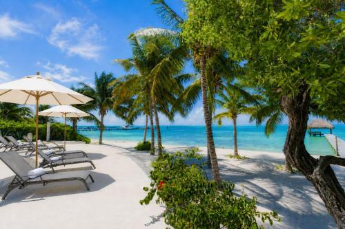 a beach with chairs and umbrellas and the ocean at Sunset Condo 104 Puerta al Mar Isla Mujeres Mexico in Isla Mujeres