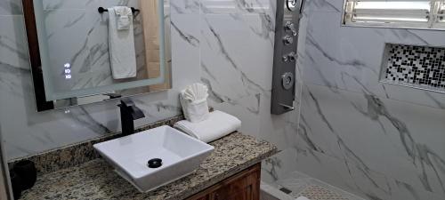 a bathroom with a white sink and a mirror at Villa Vista in Steer Town
