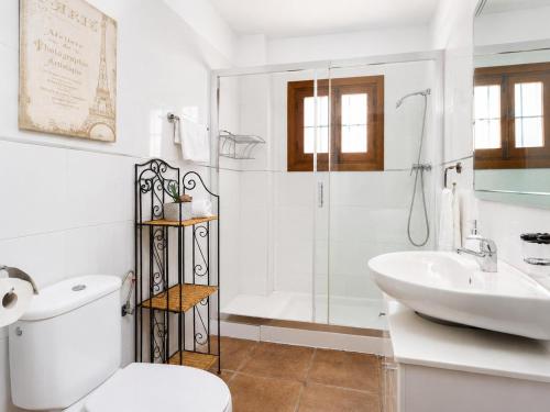a bathroom with a toilet and a sink and a shower at Villa Flower in Cómpeta