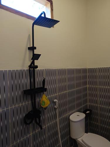 a bathroom with a white toilet and a shower at AWAN Homestay in Kuta Lombok