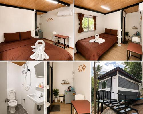 a room with two beds and a bathroom at Chalok Garden bungalow in Ko Tao