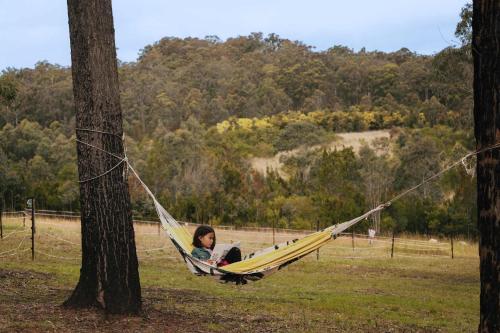 a woman sitting in a hammock in a tree at One Gaea by Tiny Away in Rainbow Flat