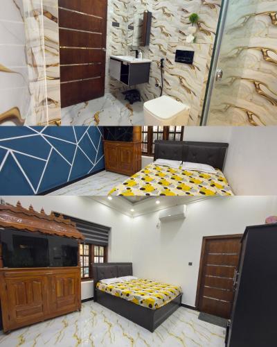 two pictures of a room with a bed and a tv at A&T villa in Jaffna