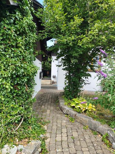 a brick walkway leading to a building with a hedge at Ferienwohnung Mei Ruh' in Burggen