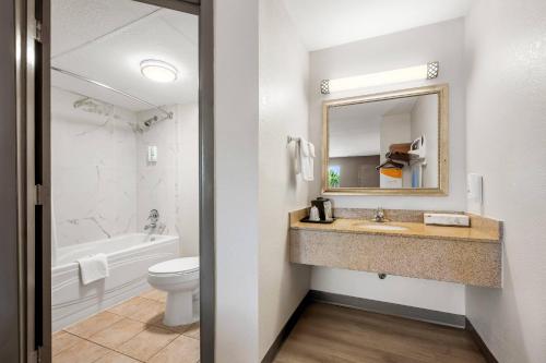 a bathroom with a sink and a toilet and a mirror at Quality Inn Battleboro - Rocky Mount in Battleboro