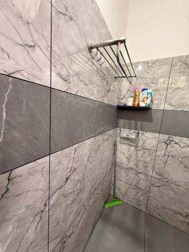 a bathroom with marble walls and a shower at Mampilly Guest House in Kottayam