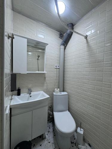 a bathroom with a white toilet and a sink at Guesthouse Riverside Bagiana in Roshka
