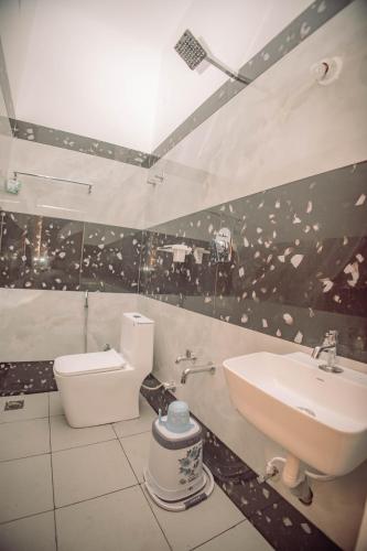 a bathroom with a sink and a toilet at Sun Side Cottages in Madikeri