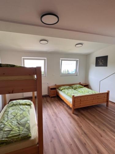 a bedroom with two bunk beds and two windows at Pr` Florjan in Cerklje na Gorenjskem