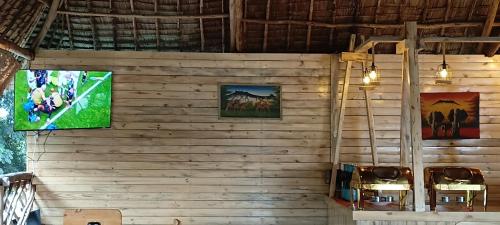 a wall with a television and paintings on it at Kilimanjaro Simba Lodge in Moshi