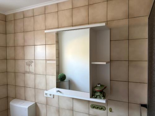a bathroom with a mirror and a toilet at Ferienwohnung Fuchs in Roding