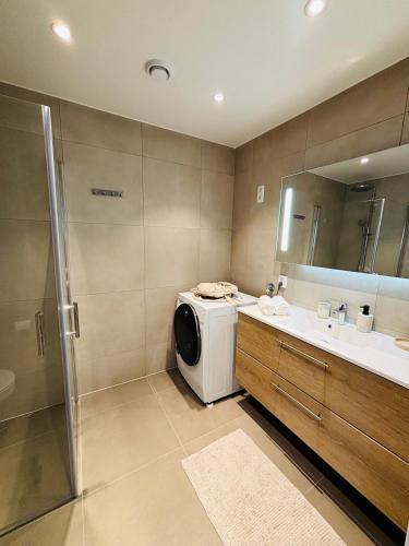 a bathroom with a washing machine and a sink at Arctic Privé Panorama Residence Alta in Alta