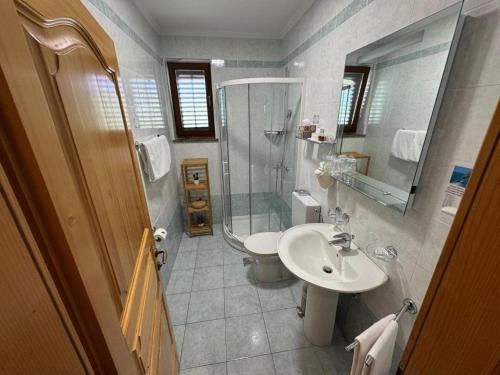 a bathroom with a sink and a shower and a toilet at B&B Vila Milčetić in Malinska