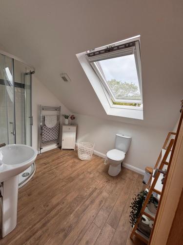 a bathroom with a toilet and a sink and a window at Room with a View in Aldergrove