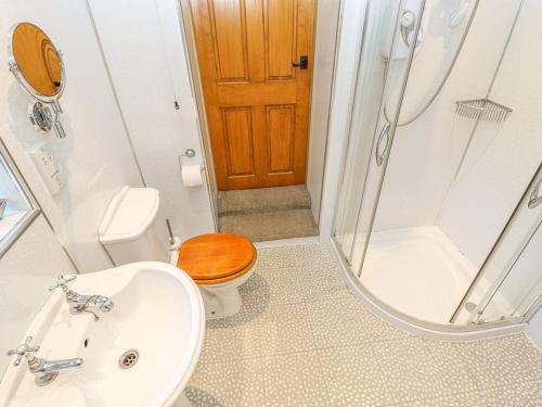 a bathroom with a toilet and a sink and a shower at Middle Cottage in Middleham