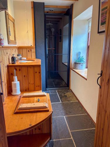 a bathroom with a sink and a shower in a room at The Mill O Cara in Orkney