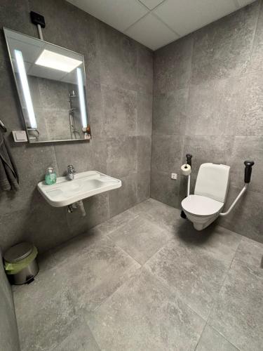 a bathroom with a sink and a toilet and a mirror at Hotell Vänersborg in Vänersborg