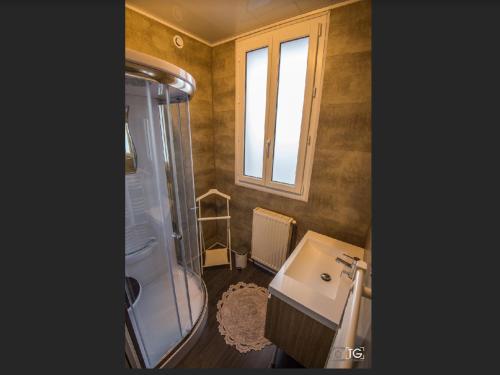a small bathroom with a shower and a sink at VILLA treize quartier balnéaire in Mers-les-Bains