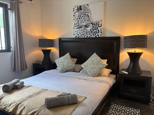 a bedroom with a large bed with two lamps on it at Daniblue in Riambel