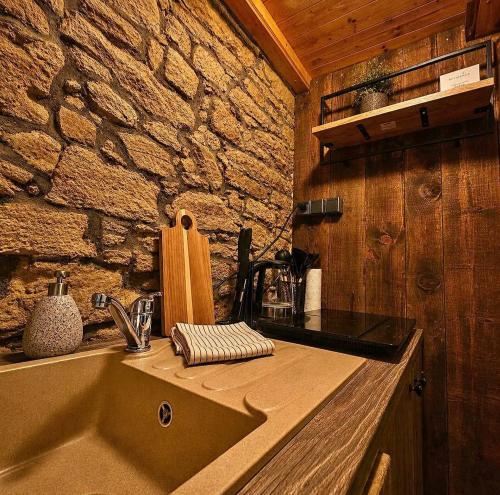 a kitchen with a sink and a stone wall at Old mill in Štore