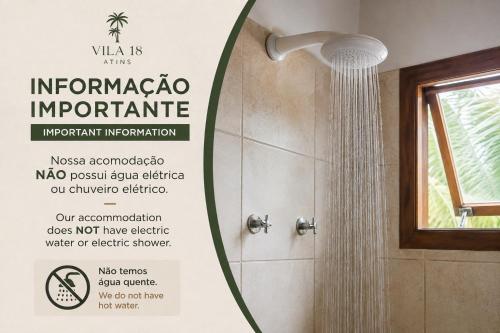 a sign in a bathroom with a shower at Villa 18 Atins Rooftop com piscina in Barreirinhas