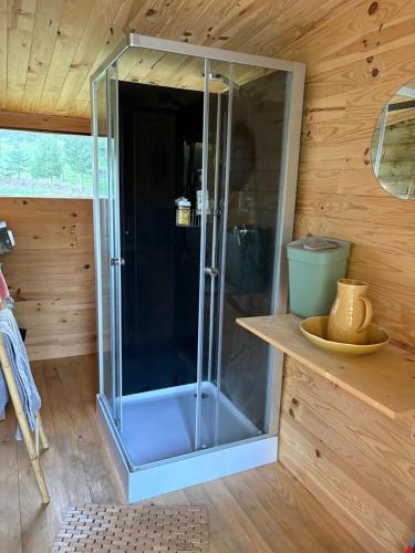 a glass shower inside of a wooden cabin at Cabane au bord d'un étang in Saint-Pierre-Eynac