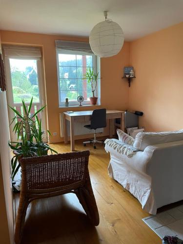 a living room with a couch and a desk and windows at Apartmán Albrechtice in Albrechtice v Jizerských horách