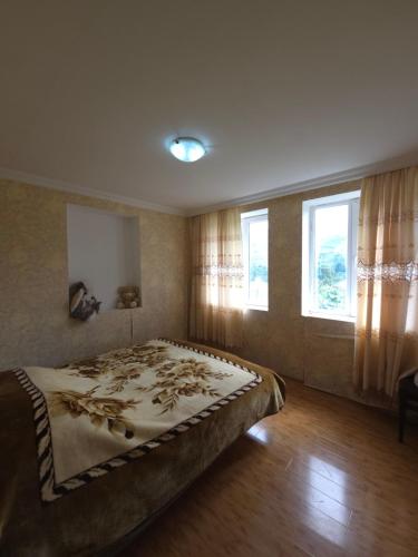 a bedroom with a bed and two windows at Guesthouse Hikari Racha in Bostana