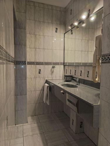 a bathroom with a sink and a mirror at Hotel Isla Rey Jorge in Punta Arenas