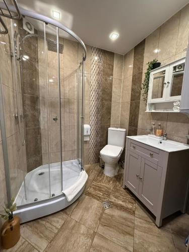 a bathroom with a shower and a toilet and a sink at Apartment Zdravets, in the heart of the old city in Veliko Tŭrnovo