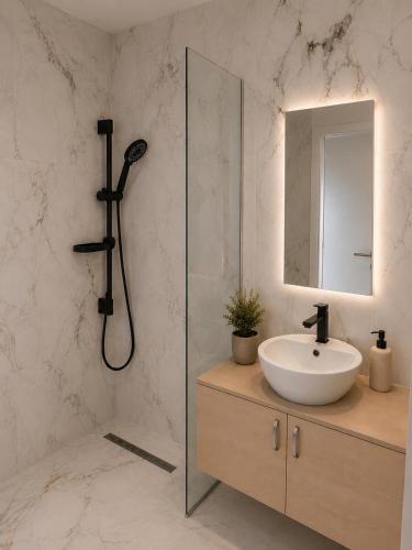 a bathroom with a sink and a shower at Vila Maxim in Marovići