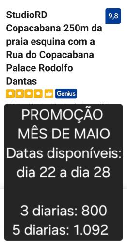 a cell phone screenshot of a text message with the words macarios at StudioRD Copacabana 250m da praia esquina com a Rua do Copacabana Palace Rodolfo Dantas in Rio de Janeiro