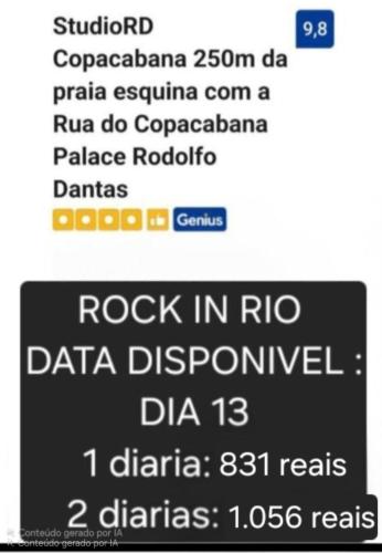 a screenshot of a cell phone with a text message at StudioRD Copacabana 250m da praia esquina com a Rua do Copacabana Palace Rodolfo Dantas in Rio de Janeiro