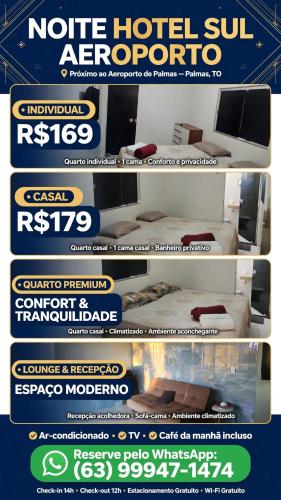 a flyer for a hotel resort with a picture of a bed at Noite hotel sul aeroporto in Palmas