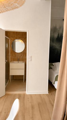 a bathroom with a sink and a bed and a mirror at Charmant appartement dans le centre ville in Bagnères-de-Bigorre
