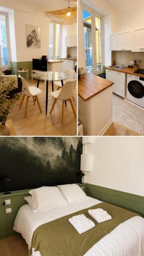 a kitchen and a bedroom with a bed in a room at Charmant appartement dans le centre ville in Bagnères-de-Bigorre