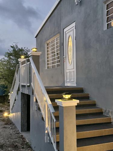 a house with stairs leading up to a white door at Peaceful Studio Retreat Near Shoal Bay Beach in Shoal Bay Village