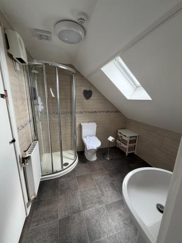 a bathroom with a shower and a toilet and a sink at Grampian Hotel in Perth