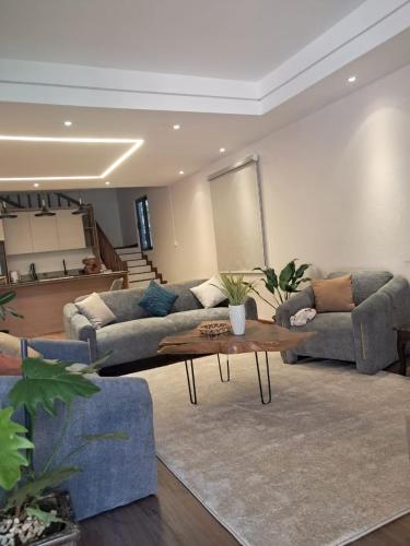 a living room with two couches and a coffee table at Villa Clair de Lagon in Blue Bay