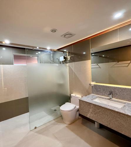 a bathroom with a toilet and a sink and a shower at Balai Amihan Bed & Breakfast in Talisay