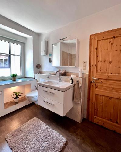 a bathroom with a sink and a toilet and a mirror at Ferienwohnung Haus Kreutz in Bruttig-Fankel