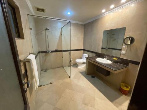 a bathroom with a shower and a sink and a toilet at New Panoramic Hotel in Lahore