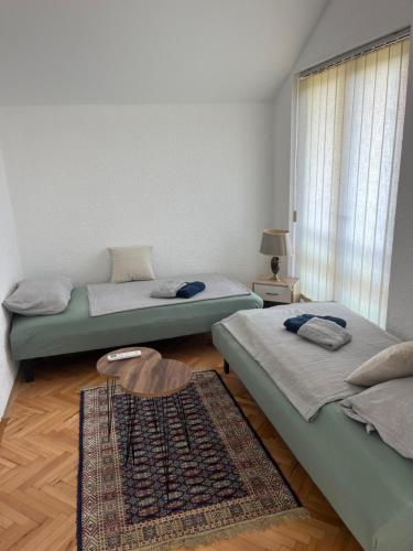 two beds in a room with a rug at Apartman Jovana in Bečej