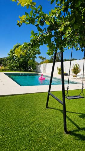 a swing in the grass next to a swimming pool at Villa Madalena in Coucieiro