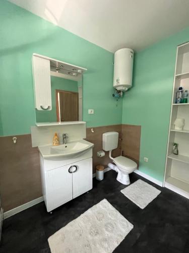 a bathroom with a toilet and a sink and a mirror at Rayand in Mostar