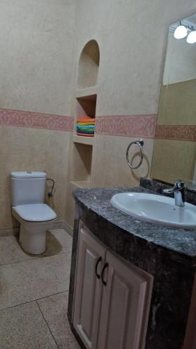 a bathroom with a sink and a toilet and a mirror at L'Echappée Belle in Sidi Boû el Fedâïl
