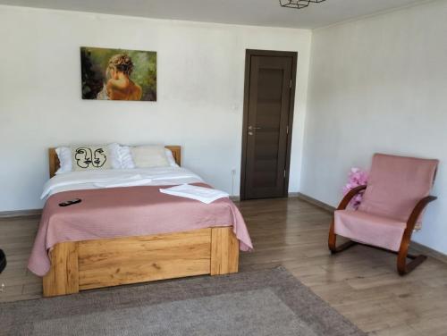 a bedroom with a bed and a pink chair at Kub A - 15min de Toplita in Sărmaş